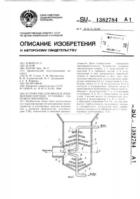 Устройство для ввода в пневмотранспортную установку сыпучего материала (патент 1382784)