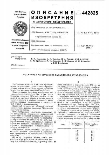 Способ приготовления ванадиевого катализатора (патент 442825)