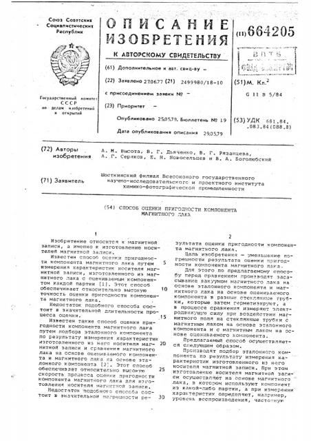 Способ оценки пригодности компонента магнитного лака (патент 664205)