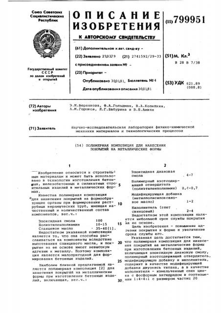 Полимерная композиция для нанесенияпокрытий ha металлические формы (патент 799951)