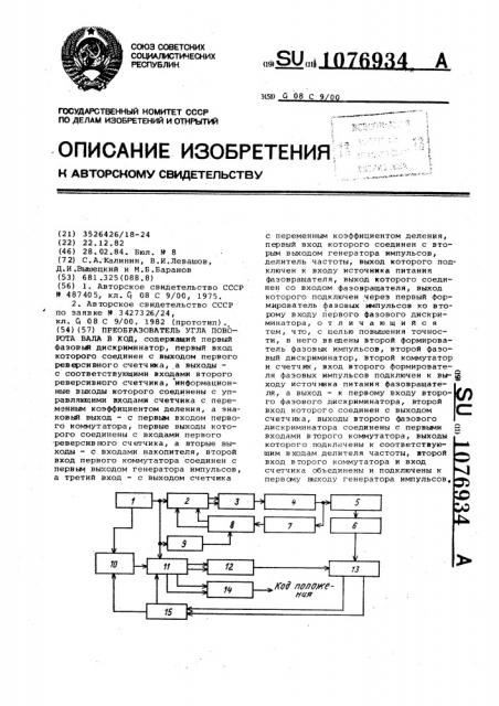 Преобразователь угла поворота вала в код (патент 1076934)
