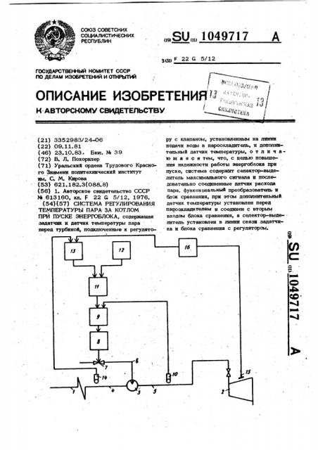 Система регулирования температуры пара за котлом при пуске энергоблока (патент 1049717)