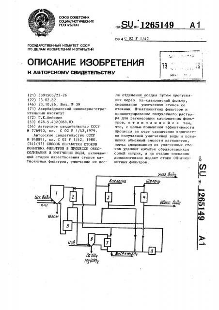 Способ обработки стоков ионитных фильтров в процессе обессоливания и умягчения воды (патент 1265149)