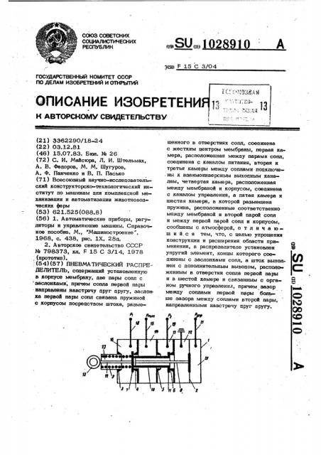 Пневматический распределитель (патент 1028910)