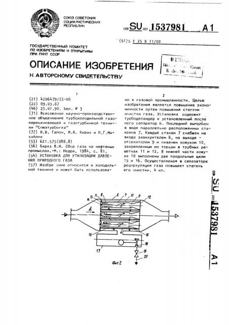 Установка для утилизации давления природного газа (патент 1537981)