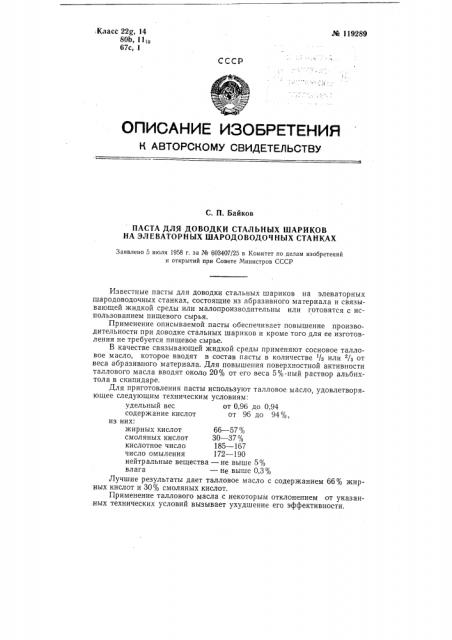 Паста для доводки стальных шариков на элеваторных шародоводочных станках (патент 119289)