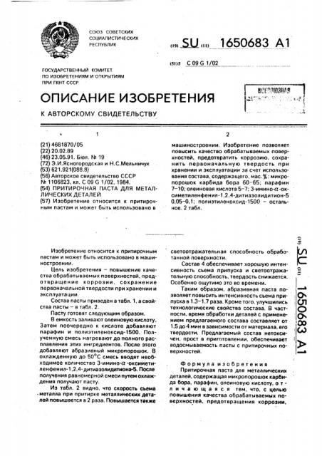 Притирочная паста для металлических деталей (патент 1650683)
