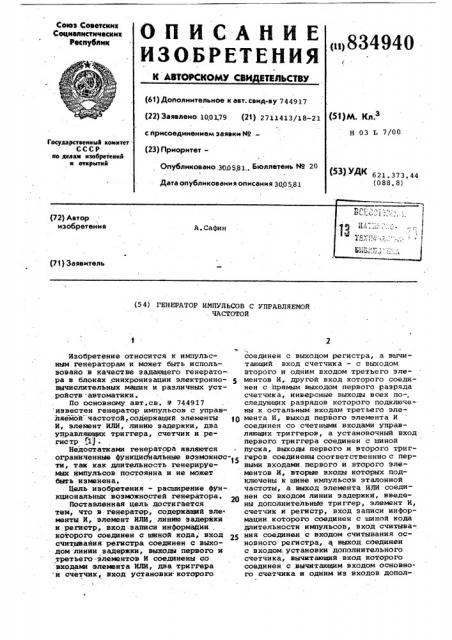 Генератор импульсов с управляемойчастотой (патент 834940)