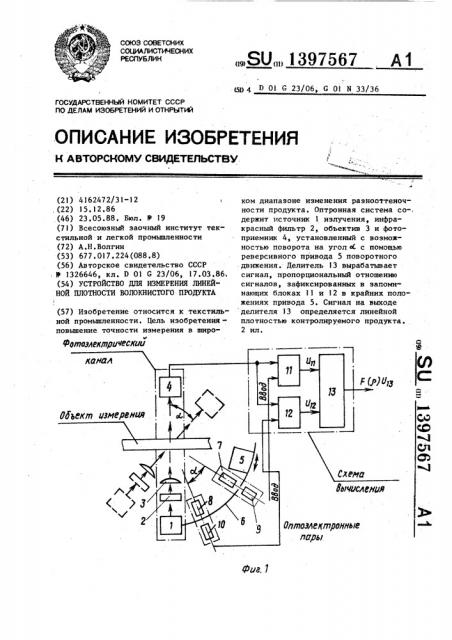 Устройство для измерения линейной плотности волокнистого продукта (патент 1397567)