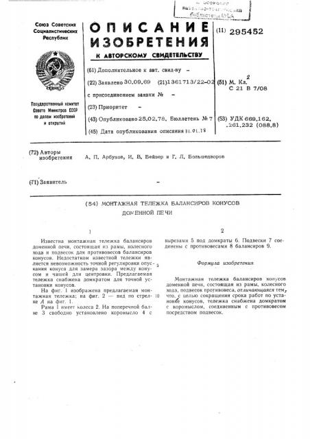 Монтажная тележка балансиров конусов доменной печи (патент 295452)