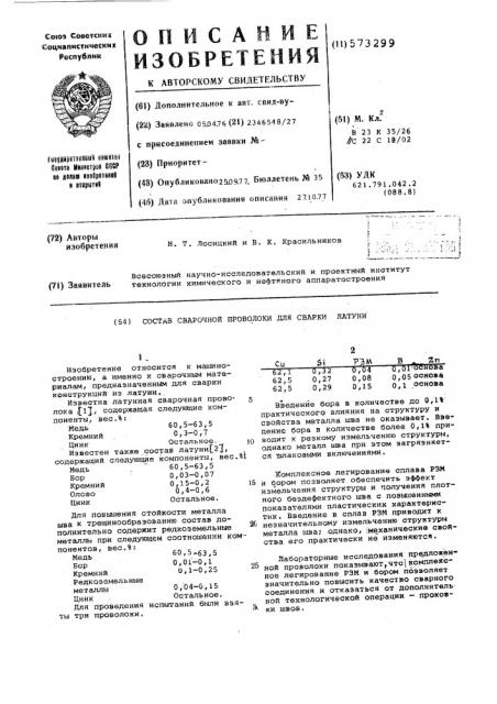 Состав сварочной проволоки для сварки латуни (патент 573299)