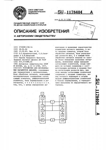 Устройство для исследования параметров дыхания (патент 1178404)