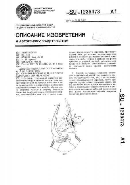 Секатор бровко и.п.и способ заготовки им черенков (патент 1235473)