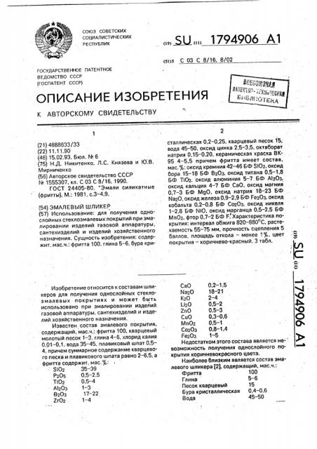 Эмалевый шликер (патент 1794906)
