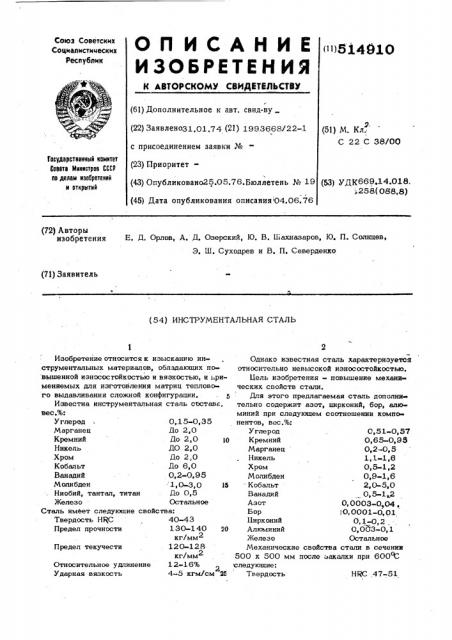 Инструментальная сталь (патент 514910)