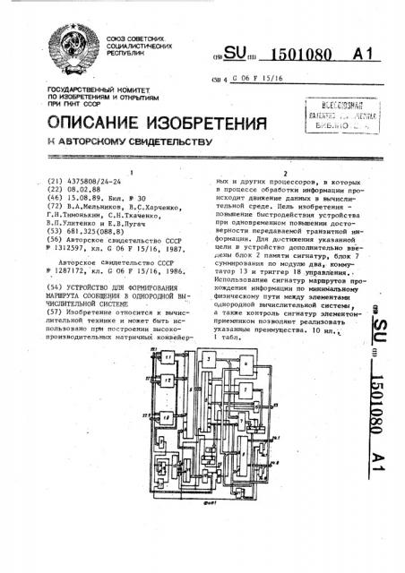 Устройство для формирования маршрута сообщения в однородной вычислительной системе (патент 1501080)