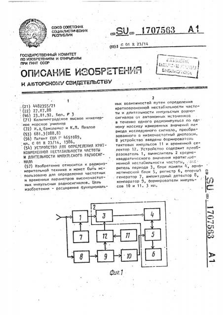 Устройство для определения кратковременной нестабильности частоты и длительности импульсного радиосигнала (патент 1707563)