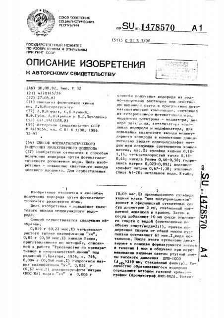 Способ фотокаталитического получения молекулярного водорода (патент 1478570)