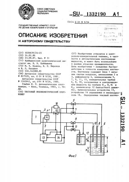 Тестовой пневмометрический плотномер (патент 1332190)