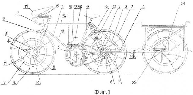 Велосипед (варианты), колесо велосипеда, привод велосипеда, рычажный механизм велосипеда, педальный механизм велосипеда и комплект, содержащий велосипед и прицеп (патент 2373101)