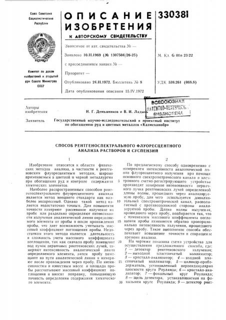 Способ рентгеноспектрального флуоресцентного анализа растворов и суспензий (патент 330381)