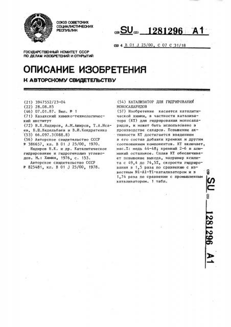 Катализатор для гидрирования моносахаридов (патент 1281296)