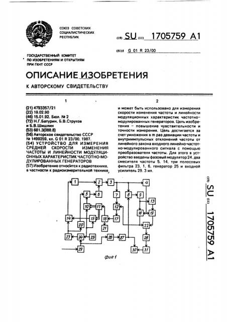 Устройство для измерения средней скорости изменения частоты и линейности модуляционных характеристик частотно- модулированных генераторов (патент 1705759)