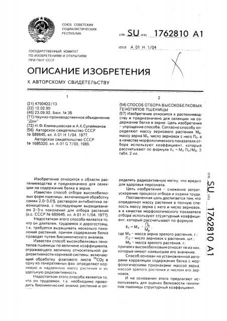 Способ отбора высокобелковых генотипов пшеницы (патент 1762810)