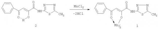 Бис{3-фенил-1-[2-(5-метил-1,3,4-тиадиазолил)]карбоксамидо-1,3-пропандионато}марганец, обладающий противовоспалительной и анальгетической активностью (патент 2396263)