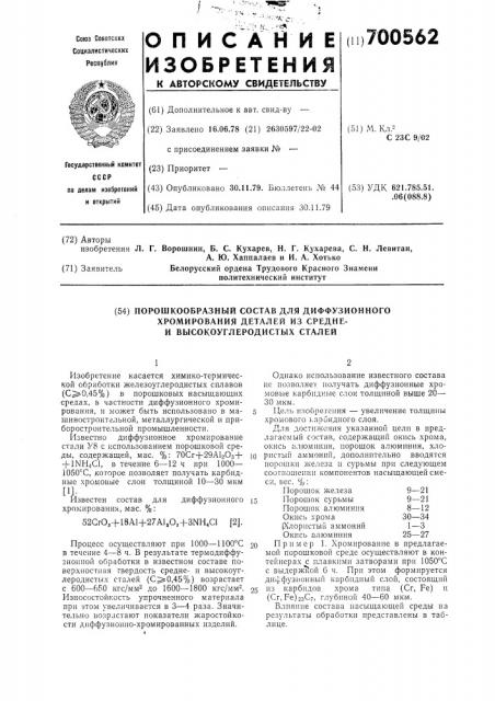 Порошкообразный состав для диффузионного хромирования деталей из средне-и высоко-углеродистых сталей (патент 700562)