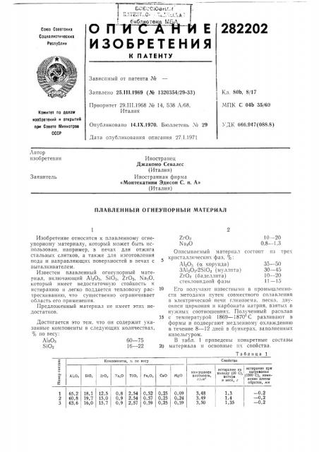 Плавленный огнеупорный материал (патент 282202)