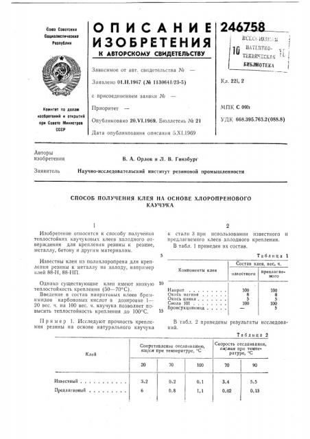 Способ получения клея на основе хлоропреновогокаучу'ка (патент 246758)