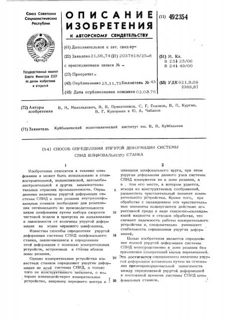 Способ определения упругой деформации системы спид шлифовального станка (патент 492354)