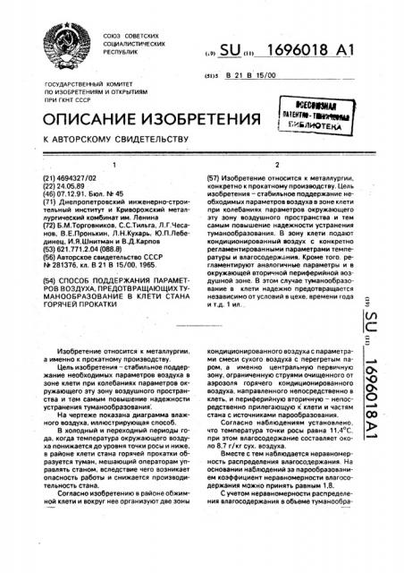 Способ поддержания параметров воздуха, предотвращающих туманообразование в клети стана горячей прокатки (патент 1696018)