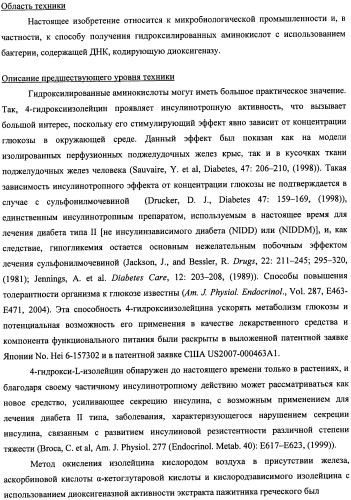 Способ получения гидроксилированной аминокислоты (варианты) и микроорганизм, трансформированный днк, кодирующей диоксигеназу (патент 2460779)