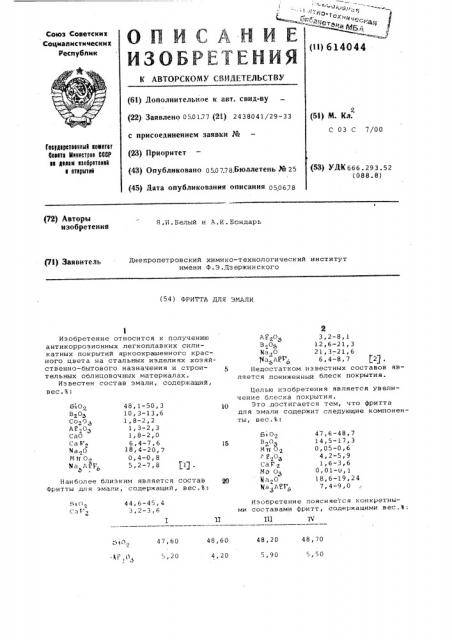 Фритта для эмали (патент 614044)