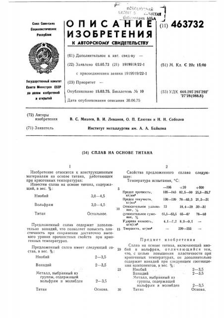 Сплав на основе титана (патент 463732)