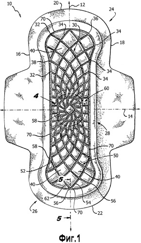 Гигиеническая прокладка с выступами на внешней стороне и изогнутыми рельефными каналами (патент 2472480)