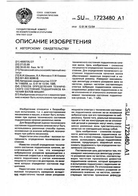 Способ определения технического состояния подшипников качения валов машин (патент 1723480)