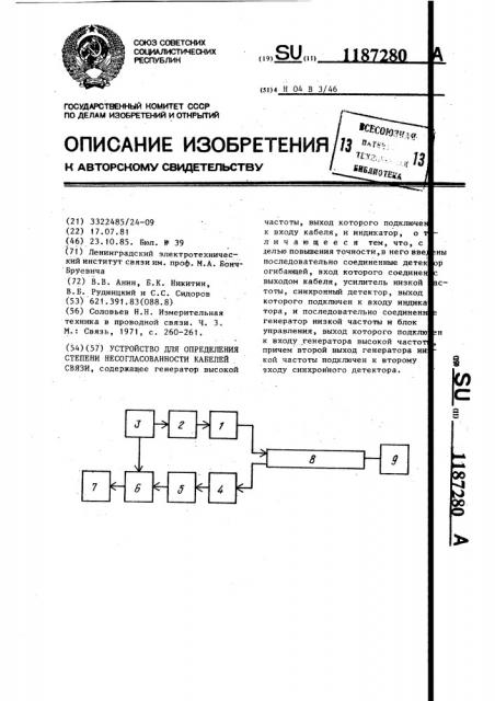 Устройство для определения степени несогласованности кабелей связи (патент 1187280)