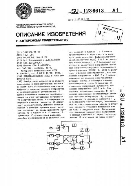 Преобразователь кода в угол поворота вала (патент 1236613)