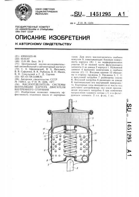 Маслоотделитель системы вентиляции картера двигателя внутреннего сгорания (патент 1451295)