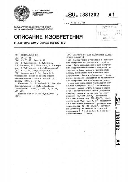 Электролит для нанесения танталовых покрытий (патент 1381202)