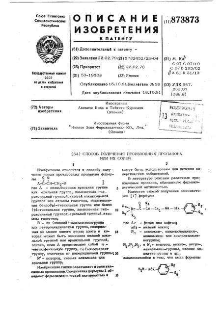 Способ получения производных пропанона или их солей (патент 873873)