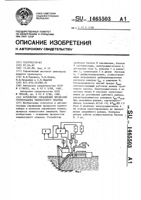 Устройство управления процессом грунтозабора землесосного снаряда (патент 1465503)