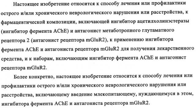 Комбинация антагониста рецептора mglur2 и ингибитора фермента ache для лечения острых и/или хронических неврологических заболеваний (патент 2357734)