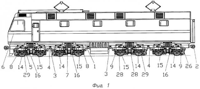 Железнодорожное тяговое транспортное средство с двухосными тележками (варианты) (патент 2307755)