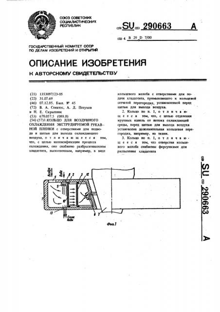 Кольцо для воздушного охлаждения экструдируемой рукавной пленки (патент 290663)