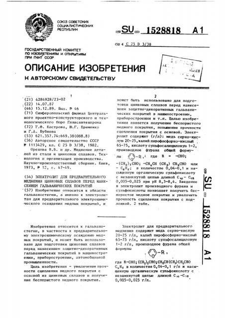 Электролит для предварительного меднения цинковых сплавов перед нанесением гальванических покрытий (патент 1528818)