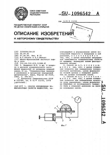 Способ определения поверхностных свойств жидкостей (патент 1096542)